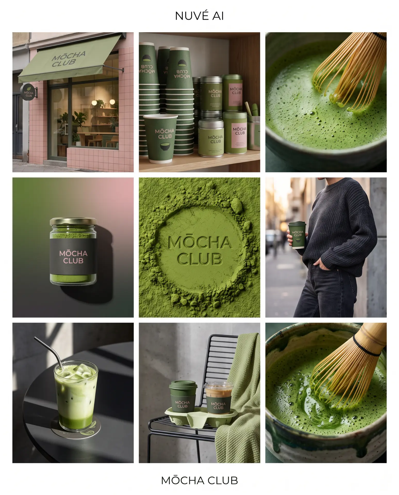 Kompozycja brandingowa matcha baru Mōcha Club — AI