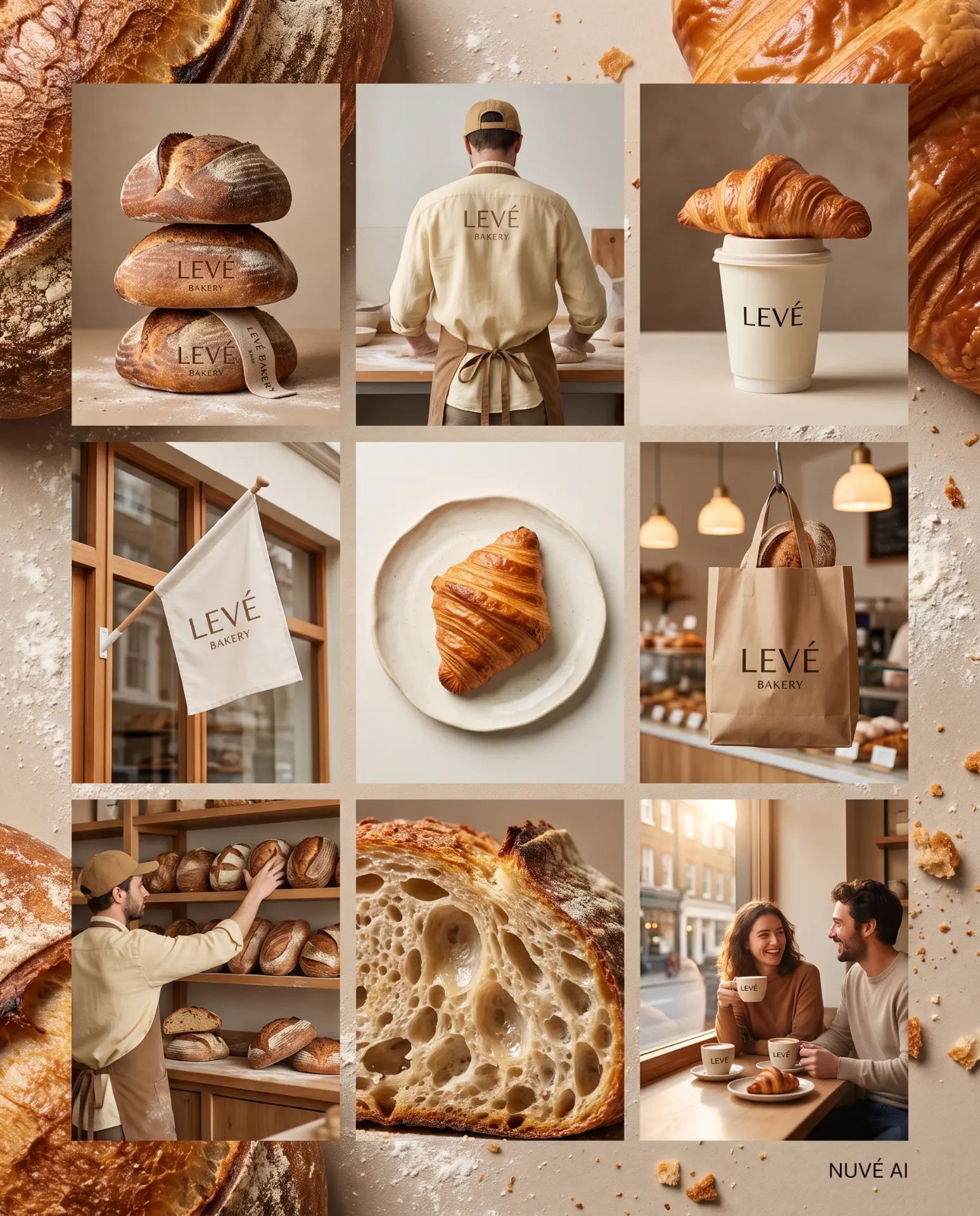 Kompozycja brandingowa piekarni Levé Bakery — AI