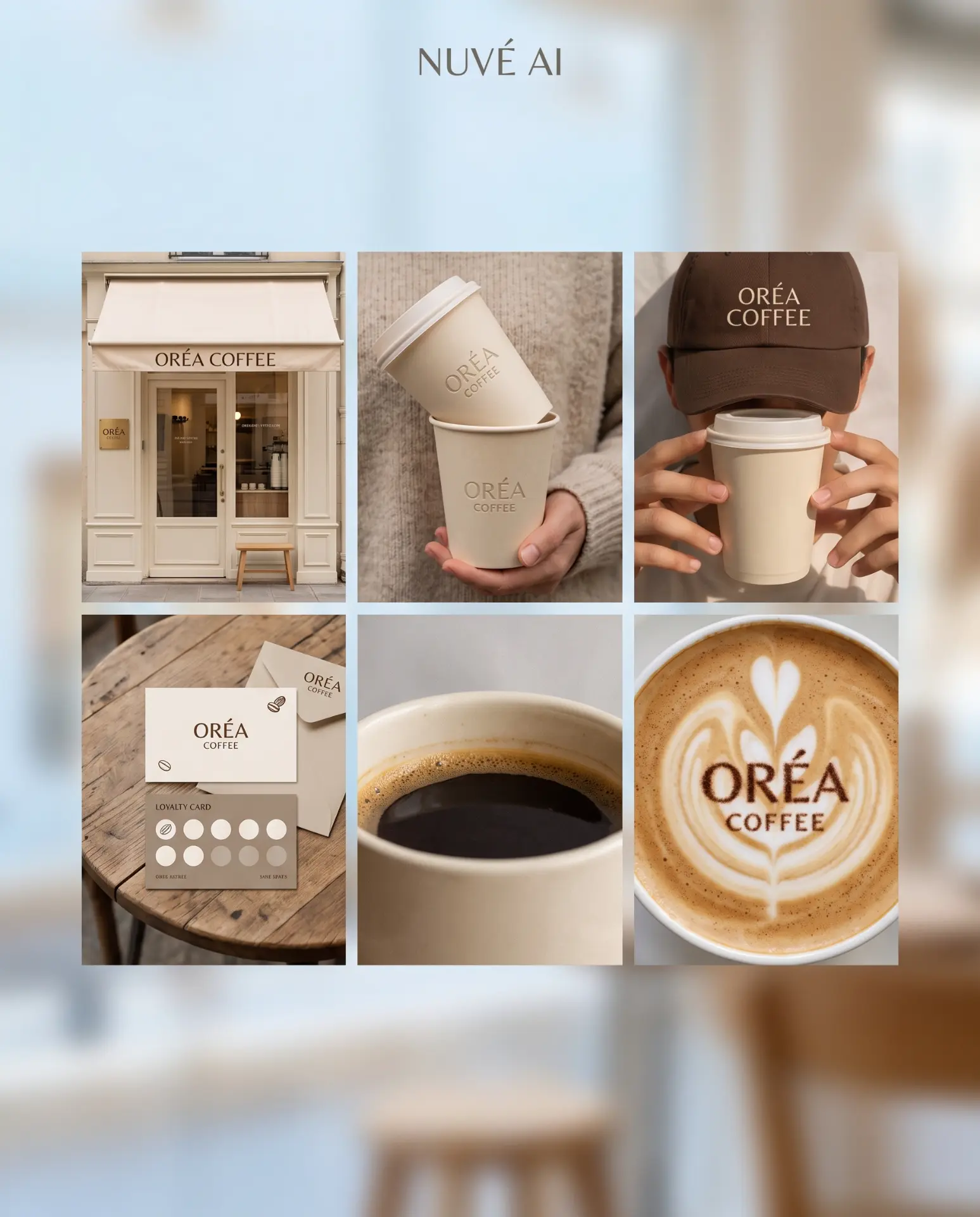 Kompozycja brandingowa kawiarni Oréa Coffee — AI