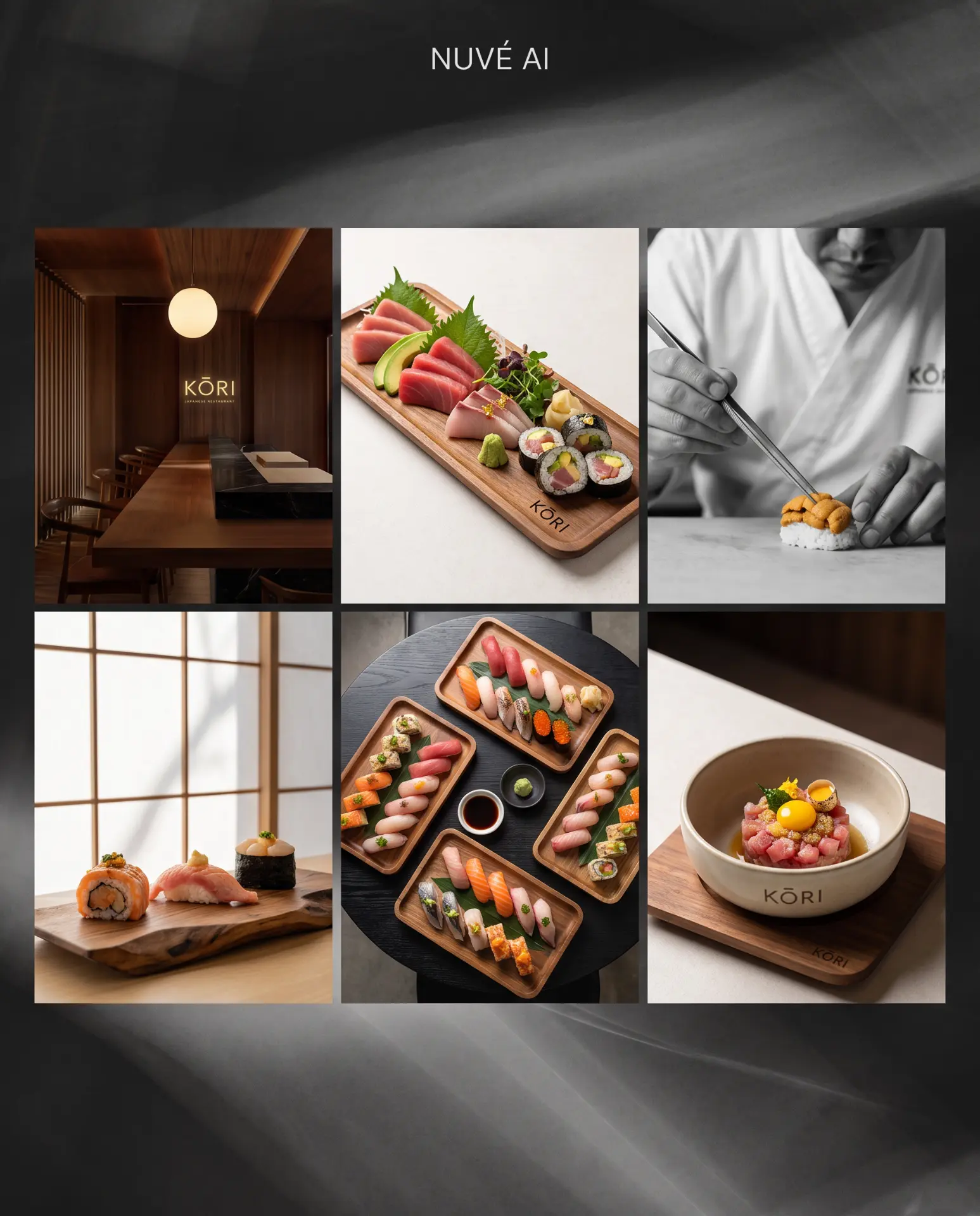 Kompozycja brandingowa restauracji sushi Kōri — AI