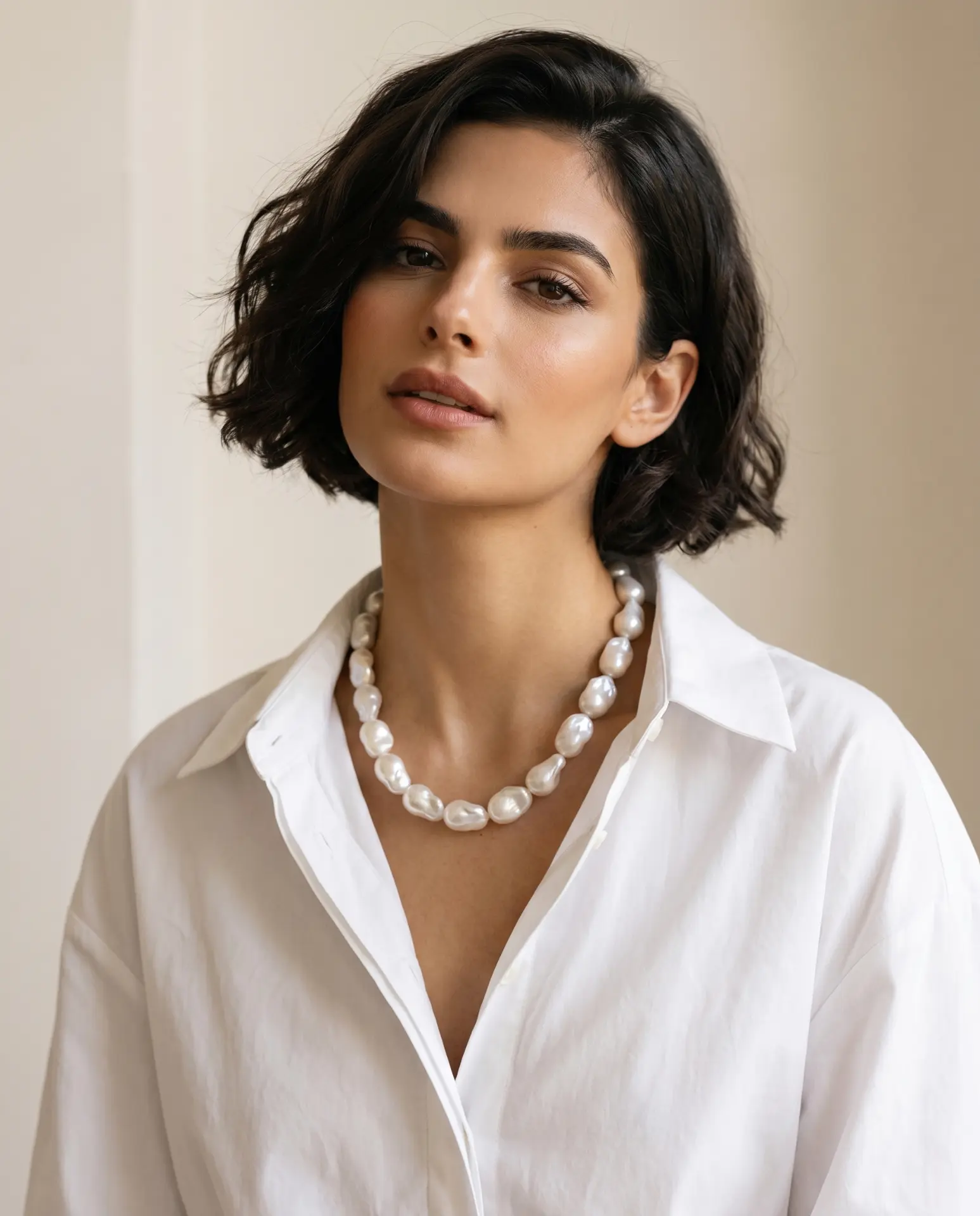 Portret beauty z perłowym naszyjnikiem — AI
